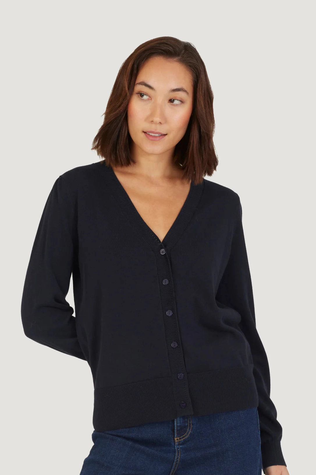 Thought Dotti Organic Cotton V Neck Cardigan in Navy Ohh By Gum