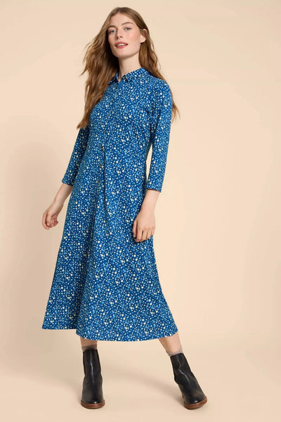 White Stuff Rua Jersey LS Shirt Dress in Navy Print-Womens-Ohh! By Gum - Shop Sustainable