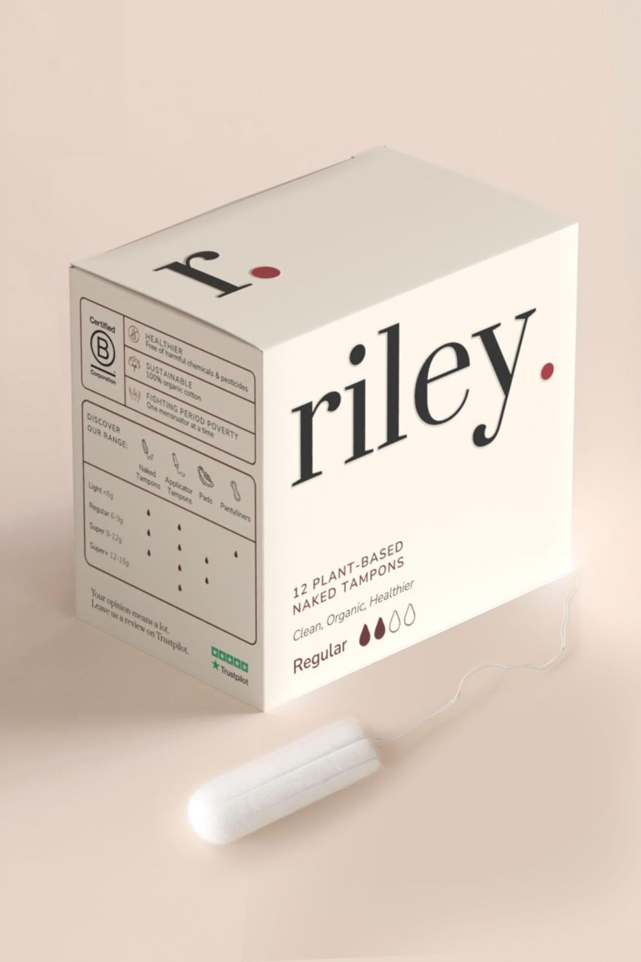 Box of Riley plant-based tampons on a light pink background