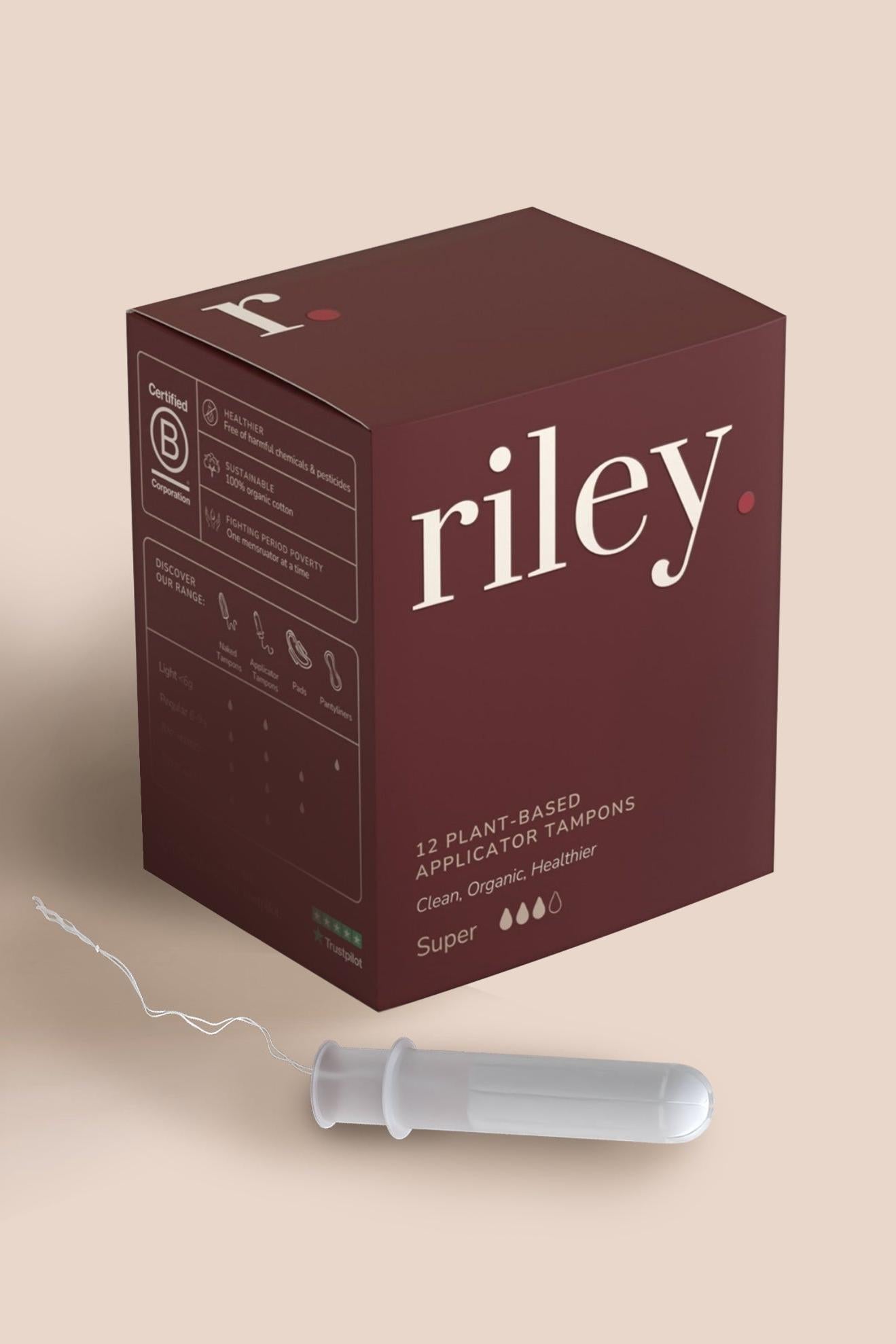 Riley tampon packaging with a tampon on a beige background
