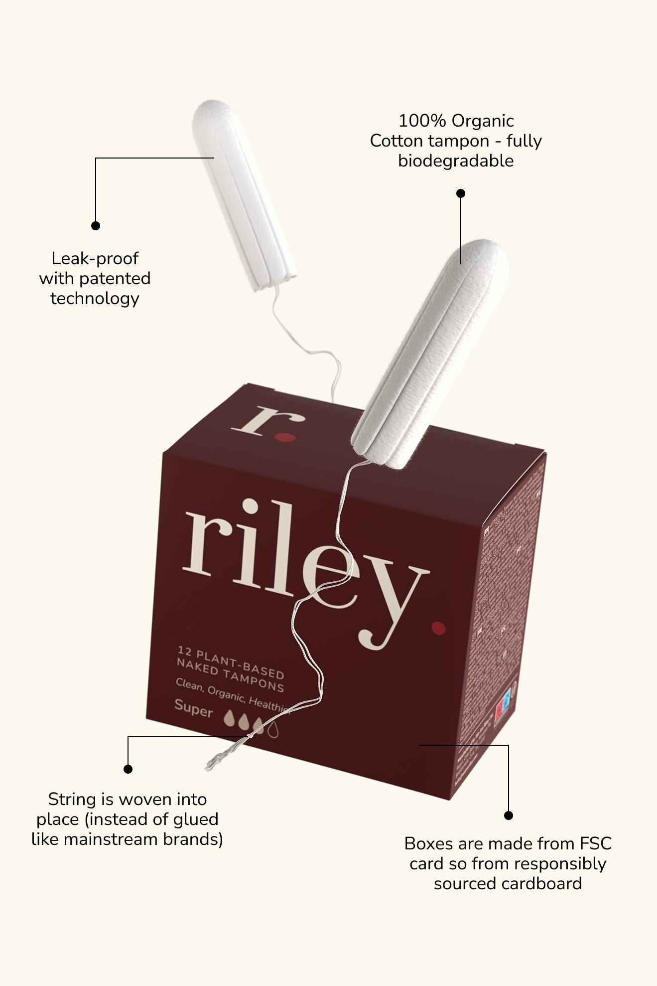 Riley organic cotton tampon packaging with features highlighted on a white background