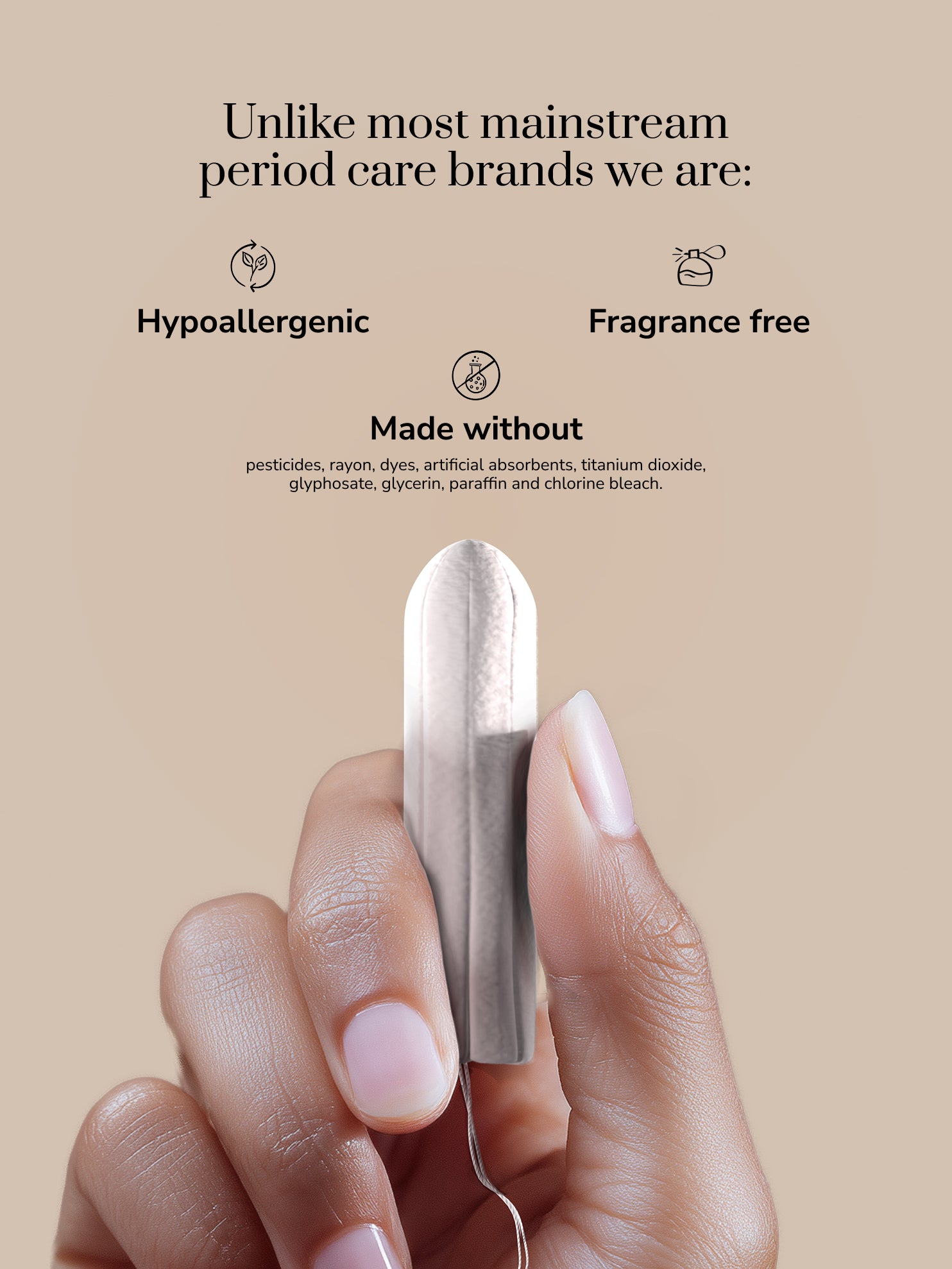 Hand holding an organic cotton tampon with text about product features on a beige background