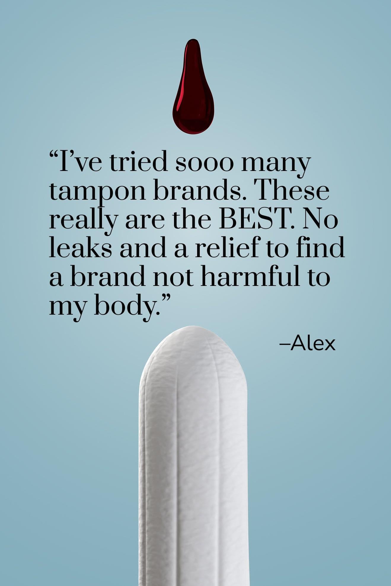 Riley organic cotton tampon with a red blood drop and text on a light blue background