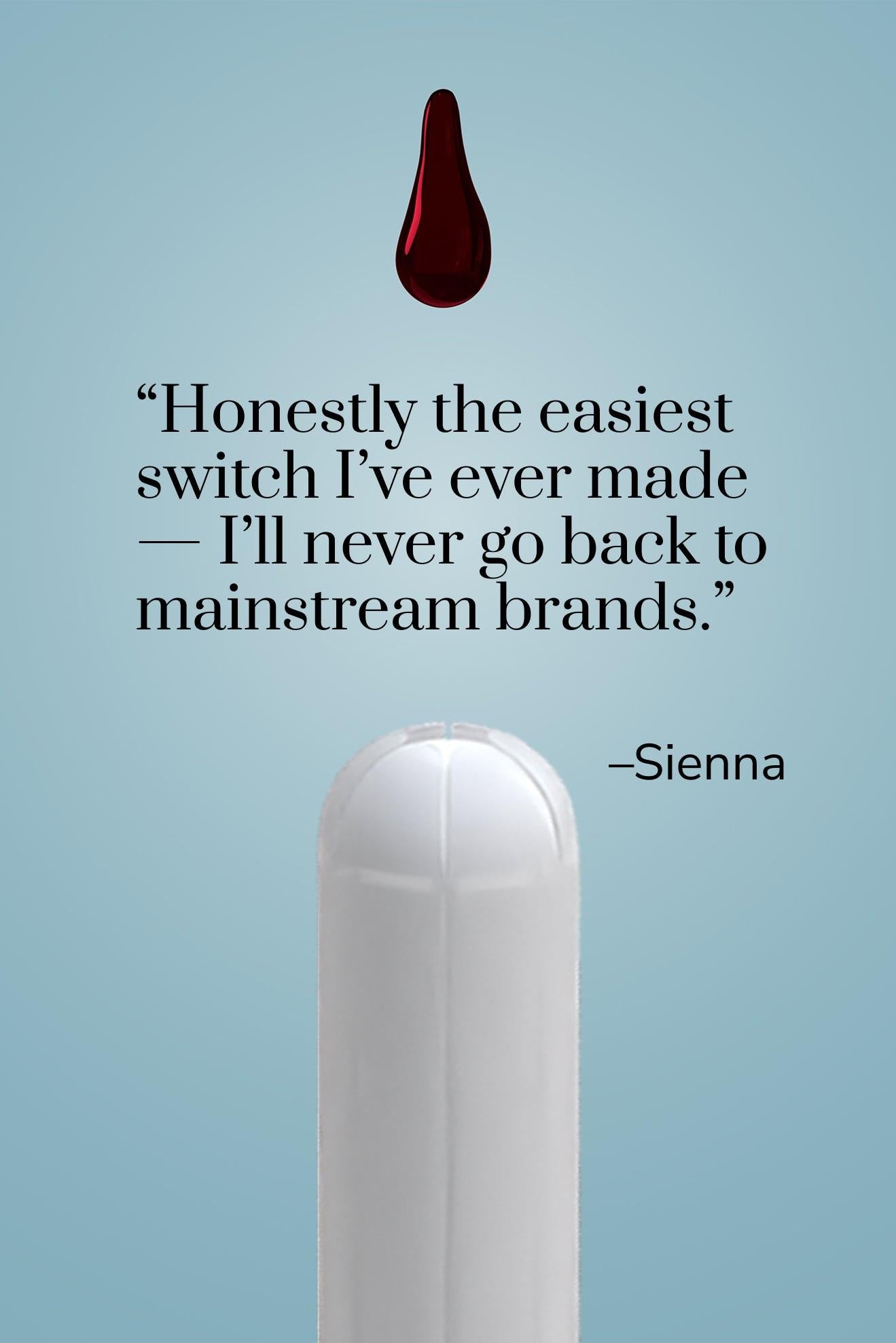Organic cotton applicator tampon with a red droplet on a light blue background, featuring a quote by Sienna.