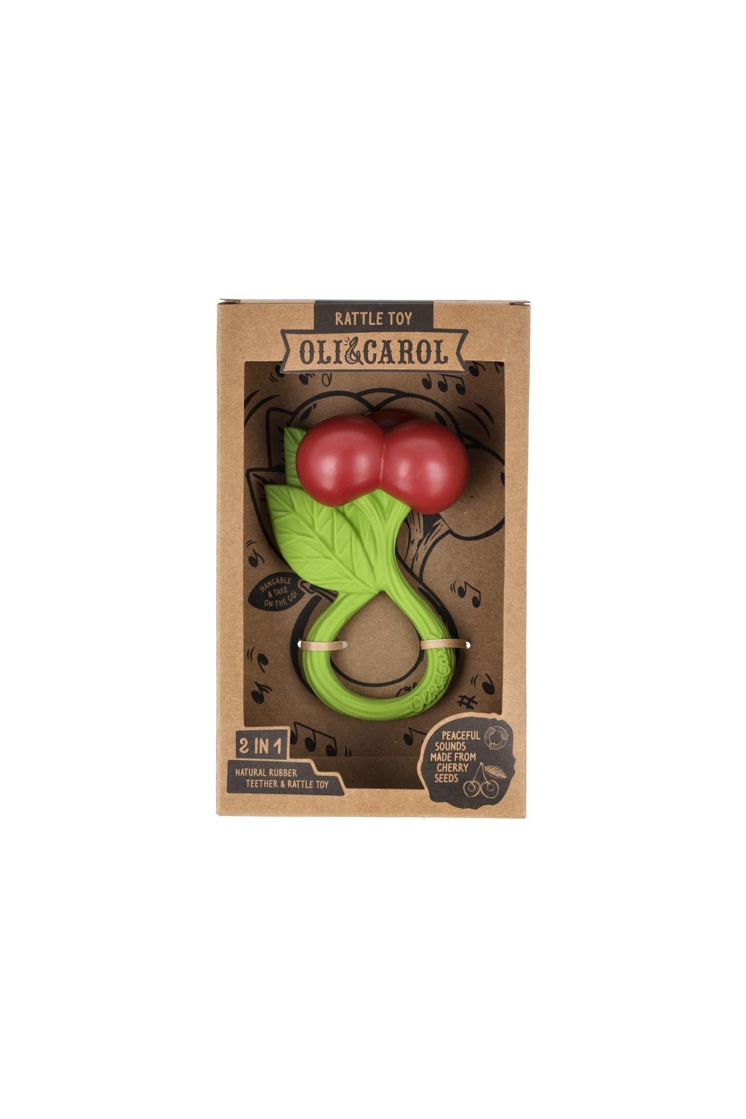 Oli&Carol Cherry Rattle baby toy, 2-in-1 teether and calming rattle, made from 100% natural rubber, eco-friendly and safe for 0+ babies.