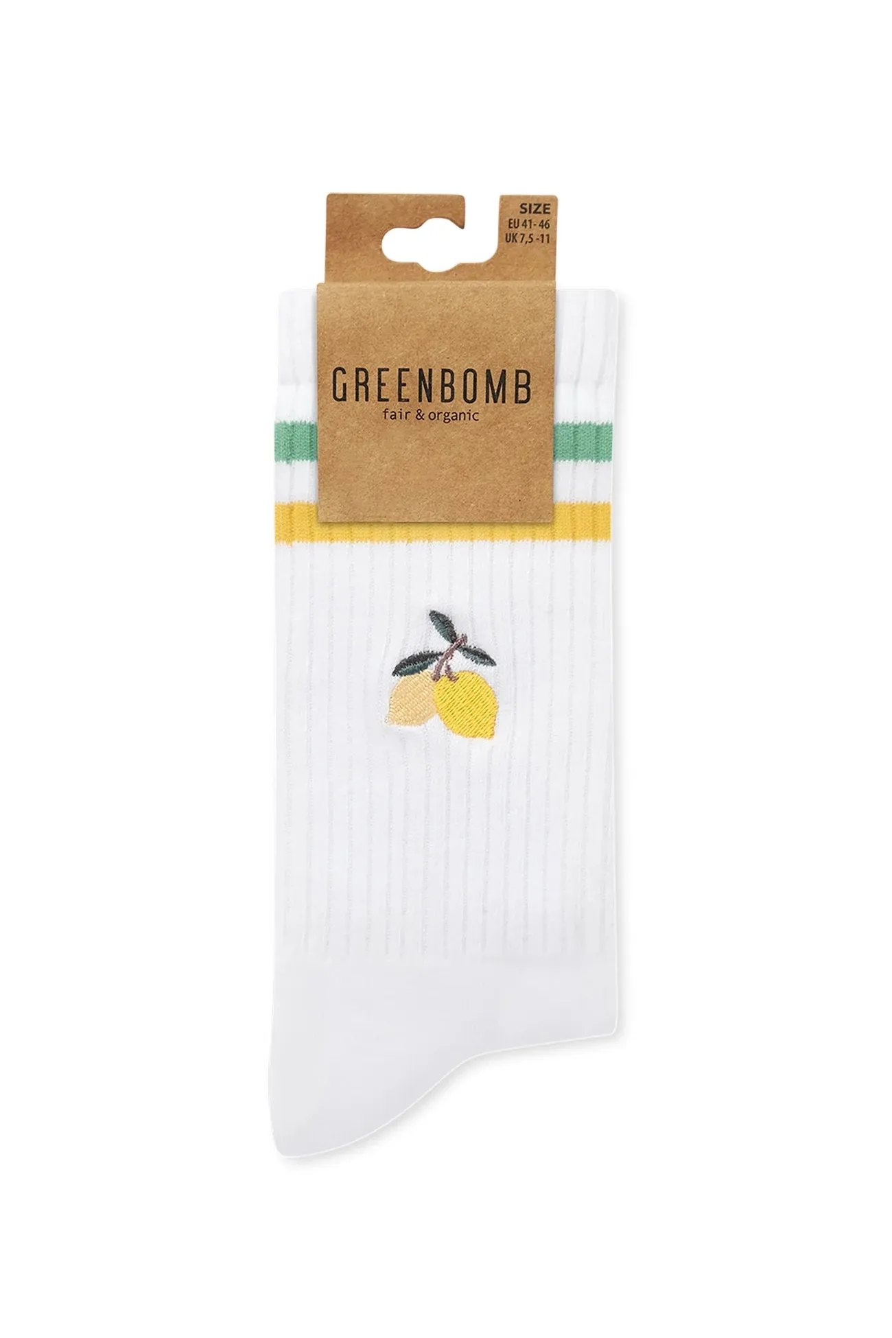 White organic cotton socks with a lemon design and 'Greenbomb' packaging on a white background