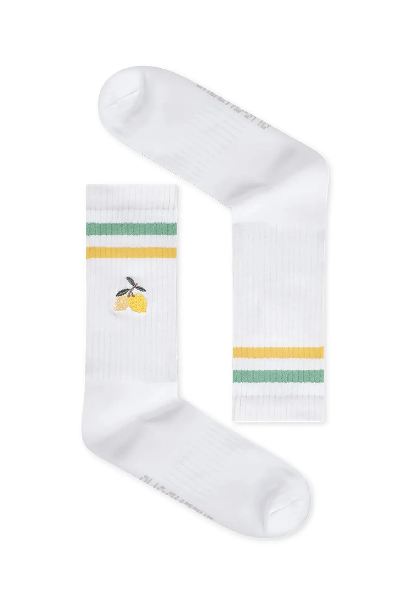 Organic cotton white socks with colourful stripes and a lemon embroidery on a white background