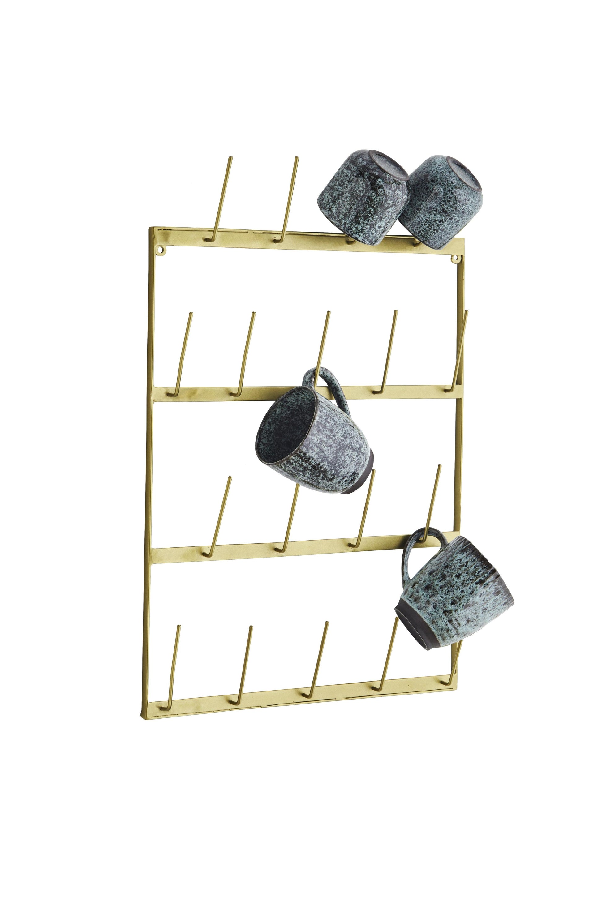 Gold mug rack with gray mugs on a white background