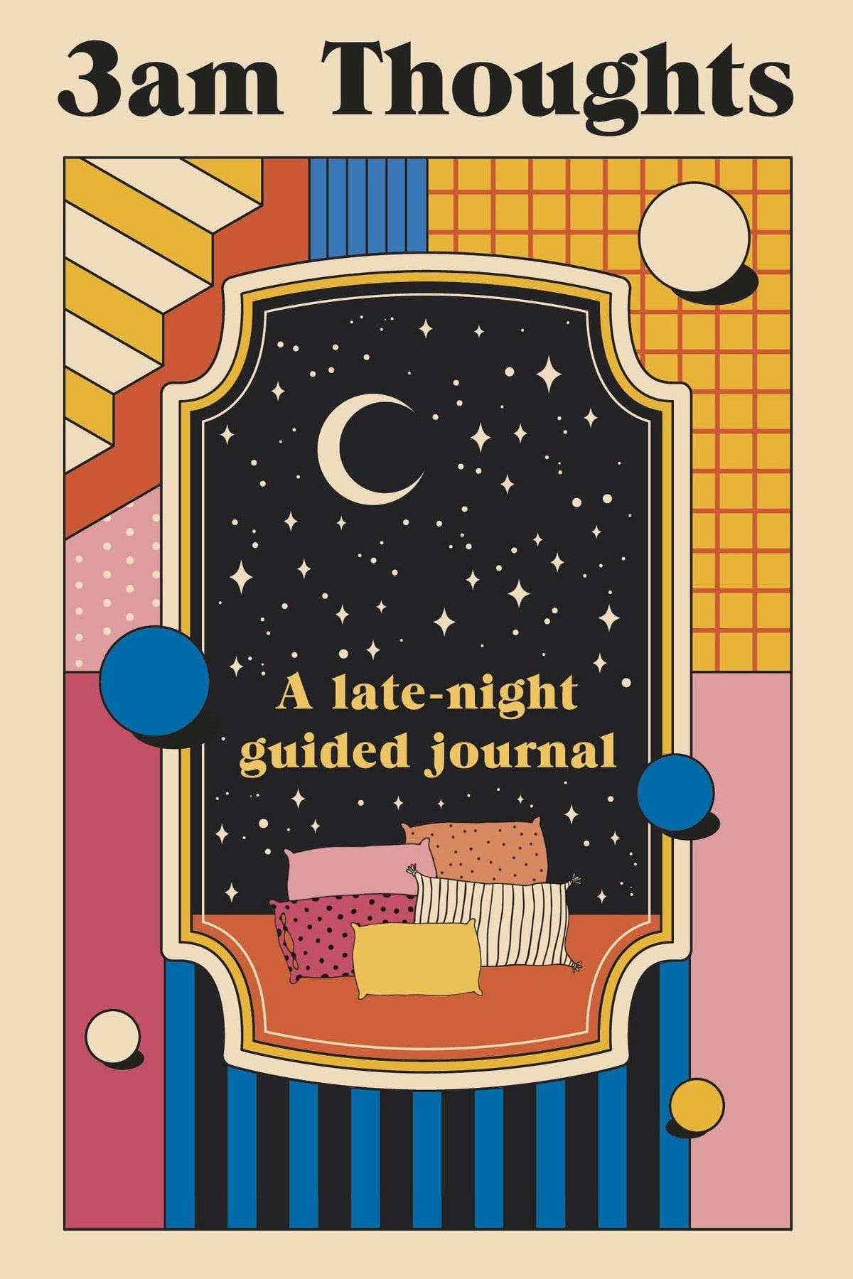 Book cover titled 3am Thoughts featuring a night sky, crescent moon, and colourful pillows for an insomnia guided journal.