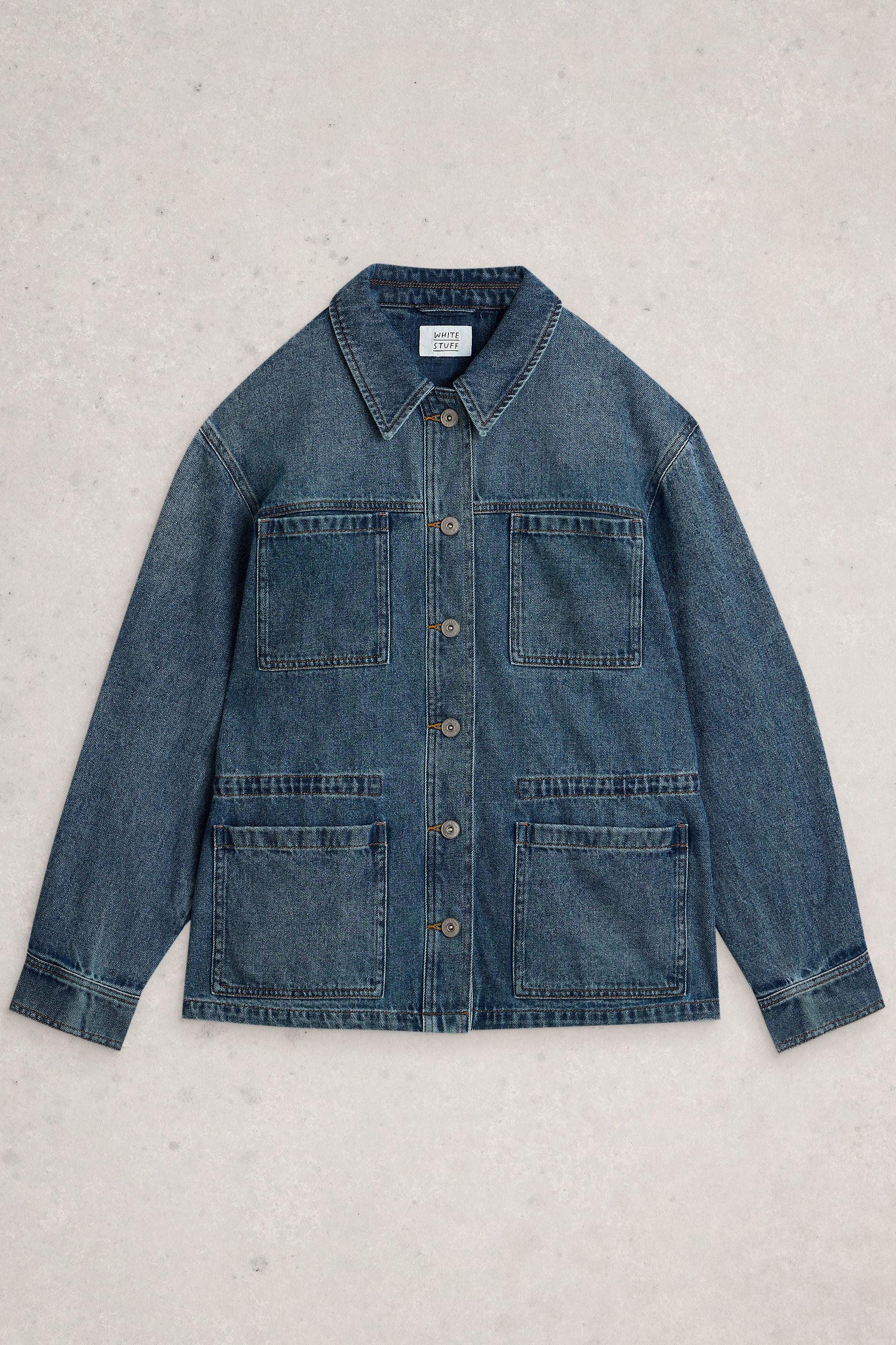 Blue denim jacket on a light gray background