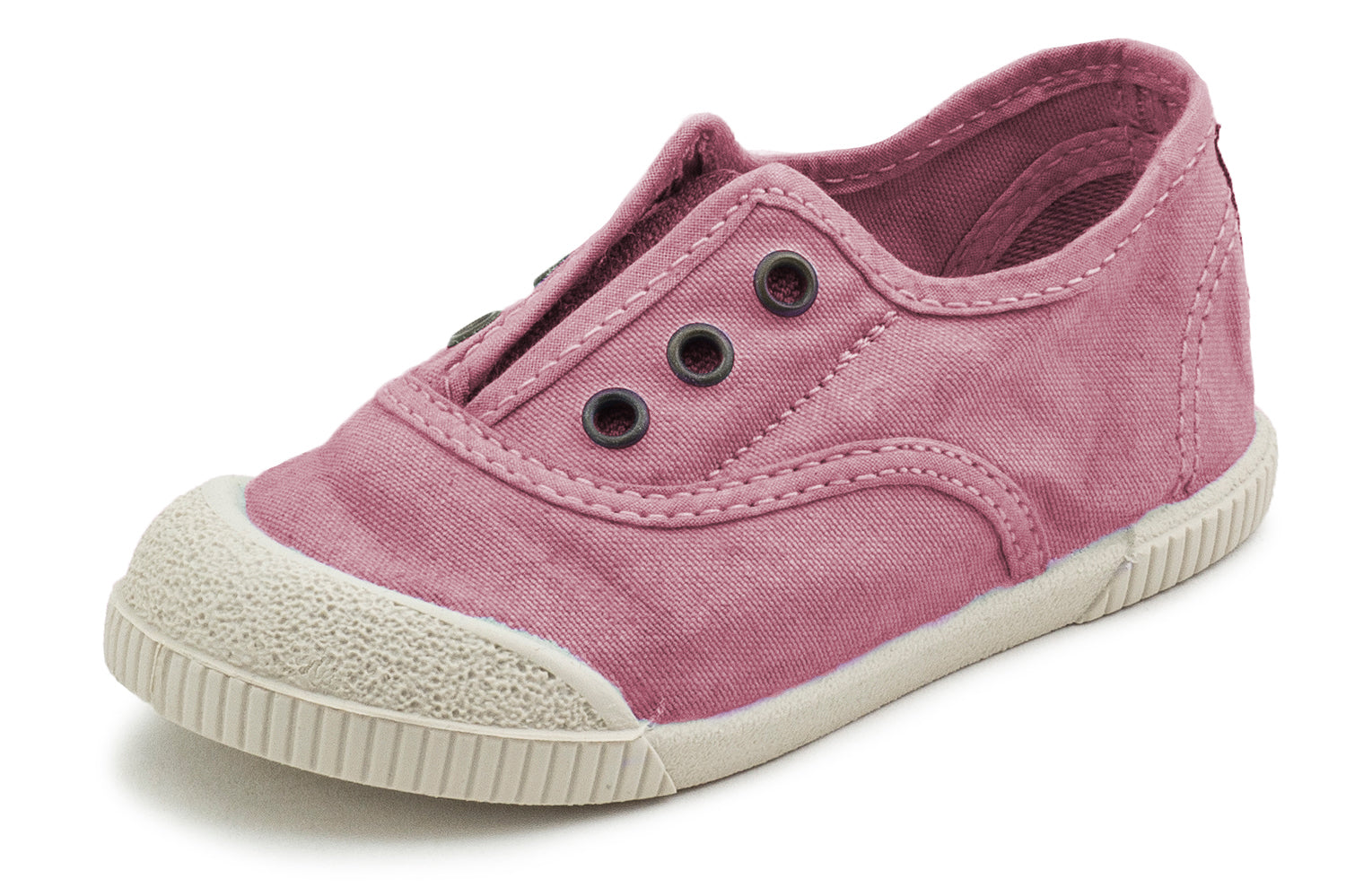 Pink childrens shoe with white sole on a white background