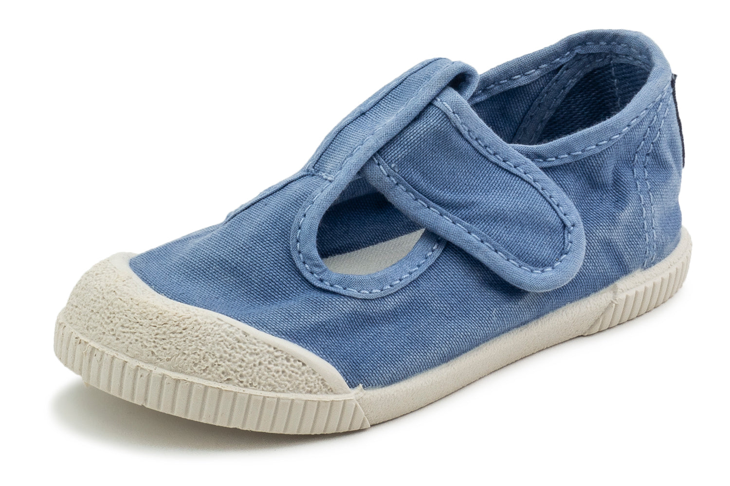 Blue Natural World childrens shoe with a strap on a white background