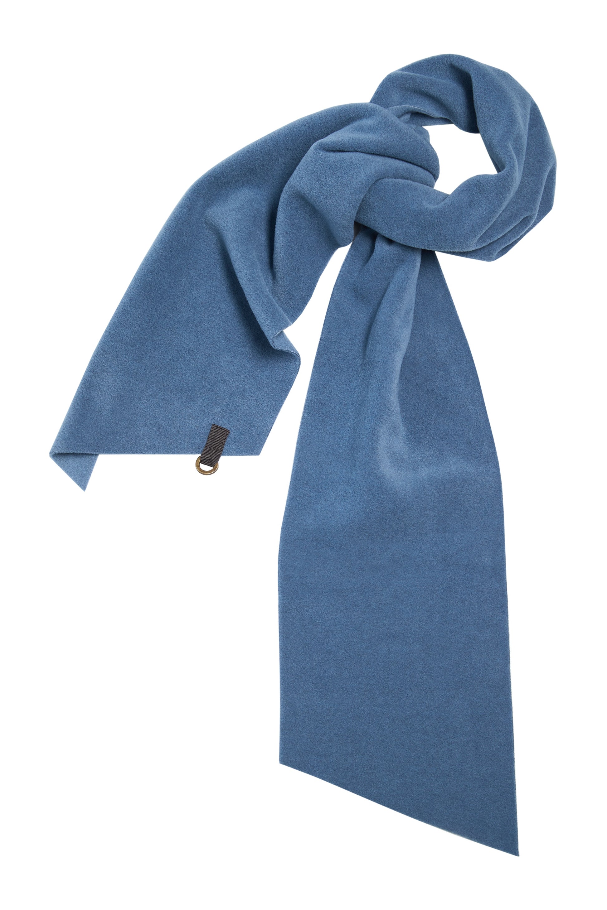 Blue scarf with a brand tag on a white background