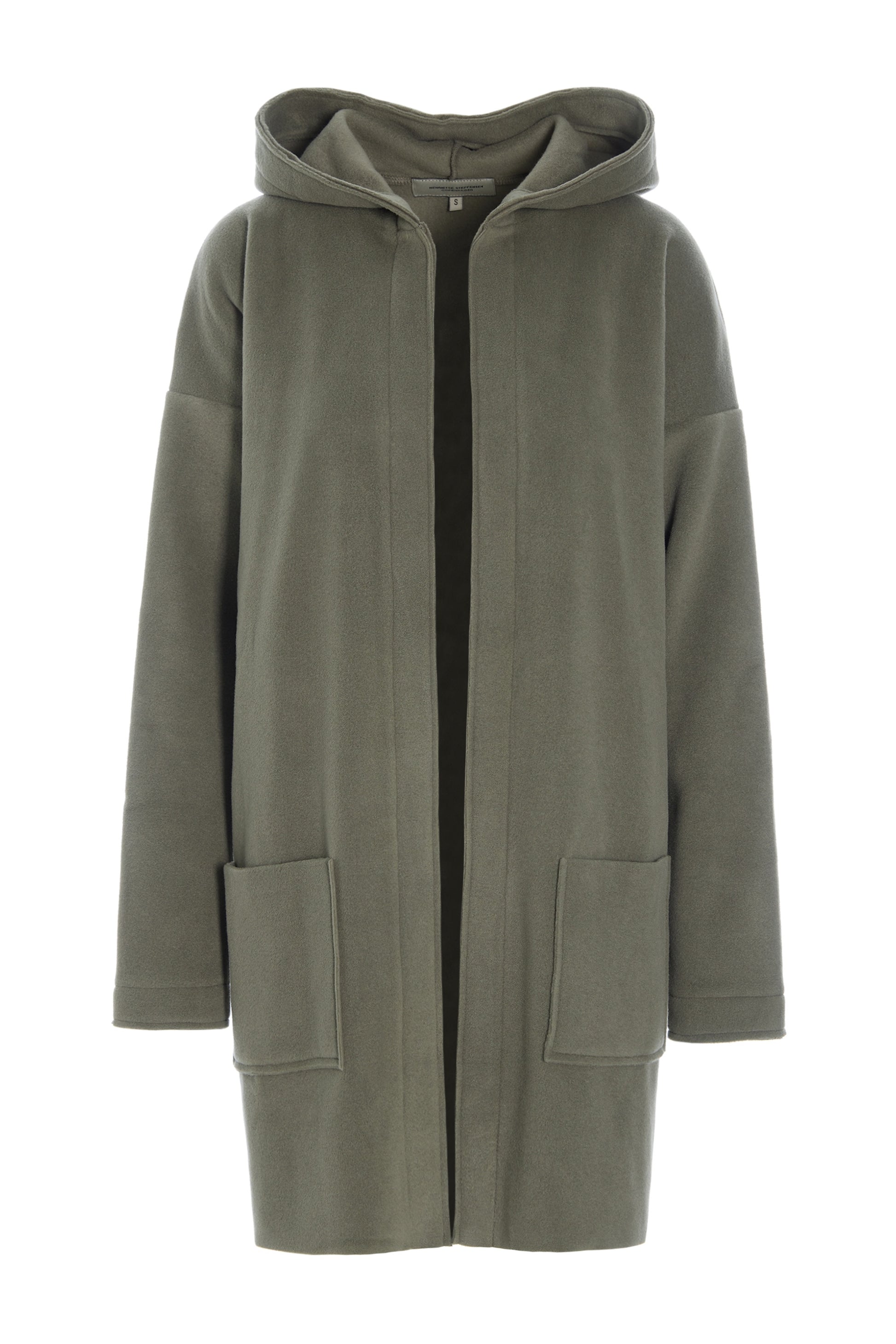 Green hooded fleece cardigan on a white background