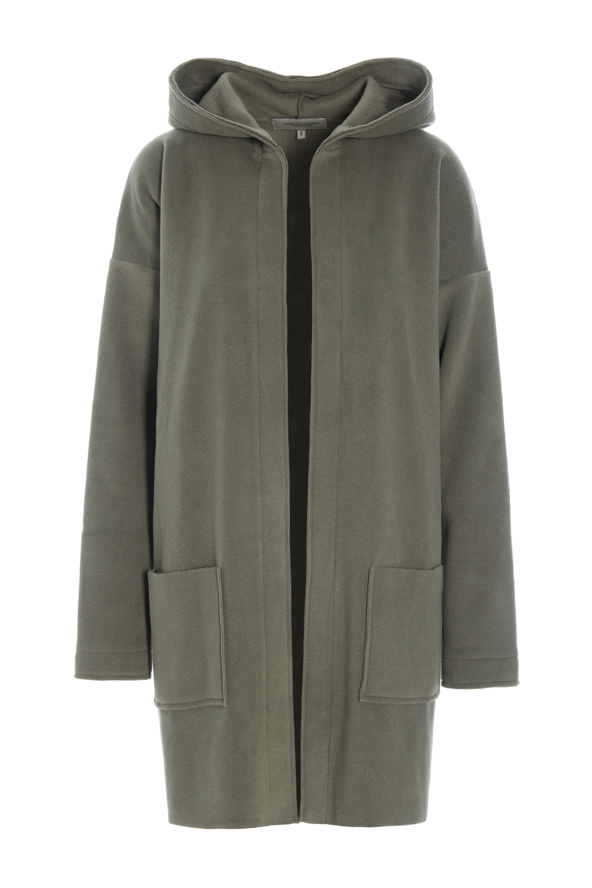 Green hooded fleece cardigan on a white background