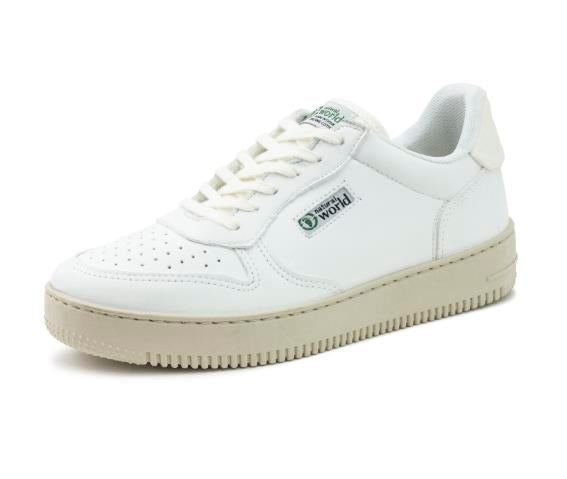White sneaker with white laces and cream sole on a white background