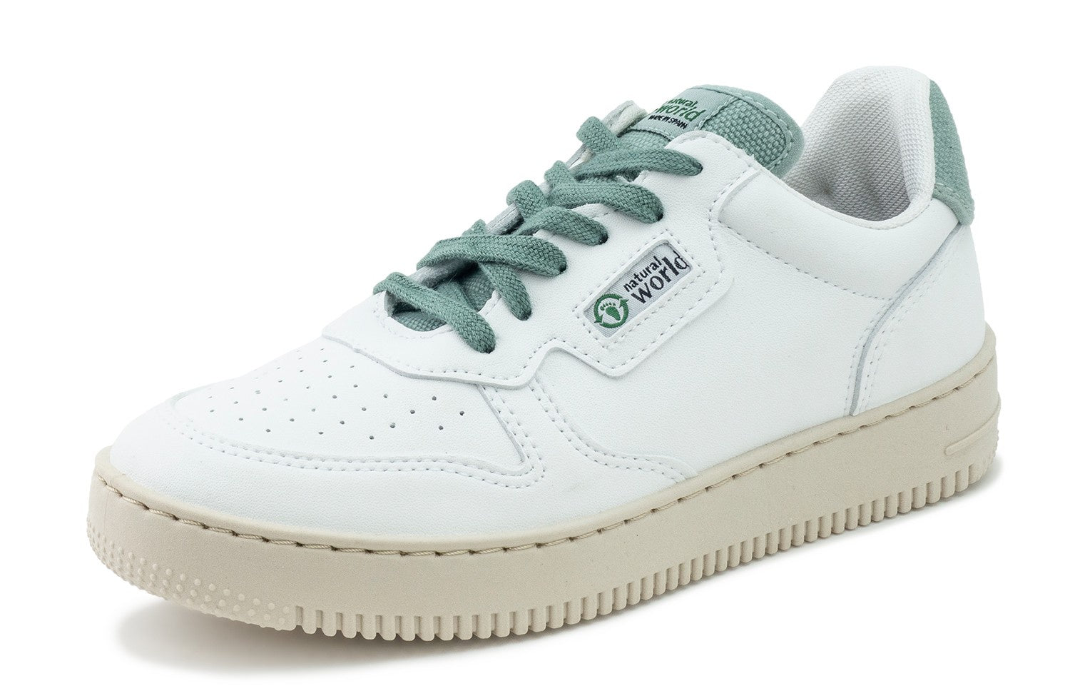 White sneaker with blue laces and sole on a white background