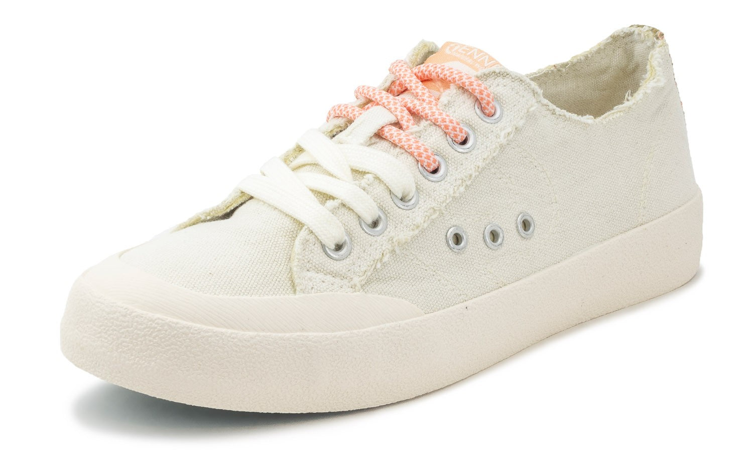 White sneaker with pink and white laces on a white background