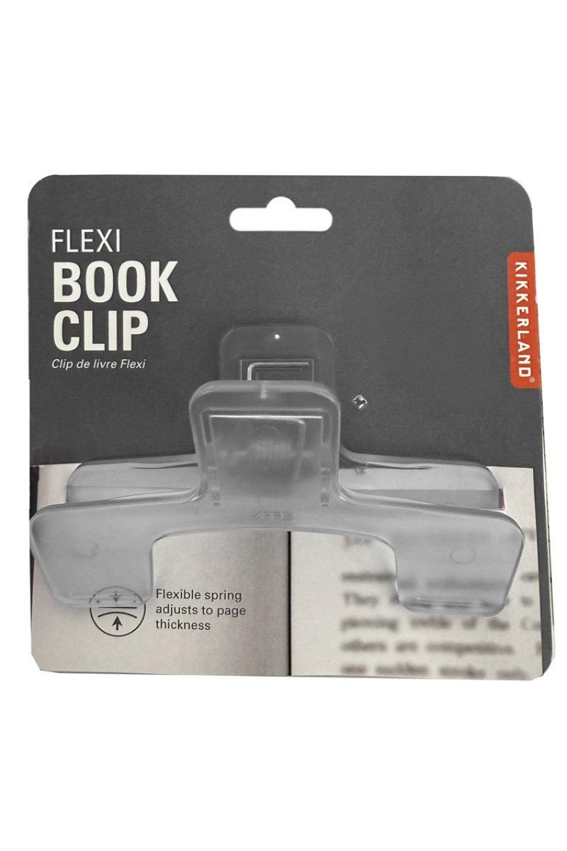 Kikkerland Flexi book clip packaging with clear clip on a gray background