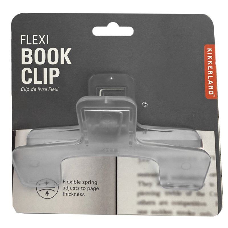 Kikkerland Flexi book clip packaging with clear clip on a gray background