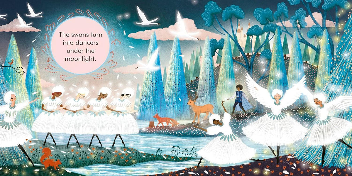 Illustrated children's book page showing a magical forest scene with swans, ballerina-like figures, trees, and animals under a moonlit sky. A pink speech bubble contains the text, 'The swans turn into dancers under the moonlight.