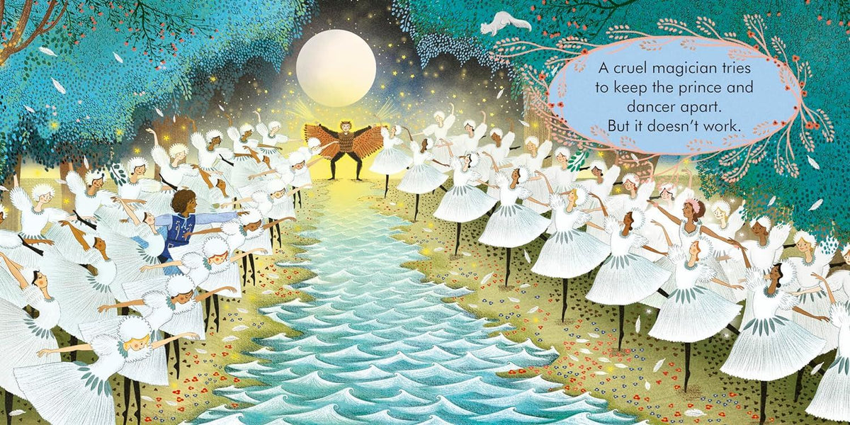 Illustration of a prince and dancer in a magical scene with fairies and a moonlit sky.