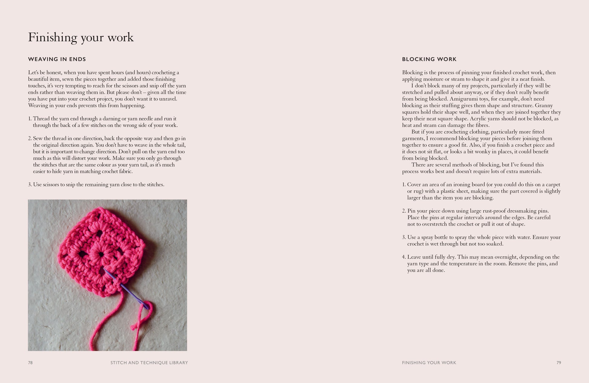 Text on knitting instructions with a pink knitted item on a gray background