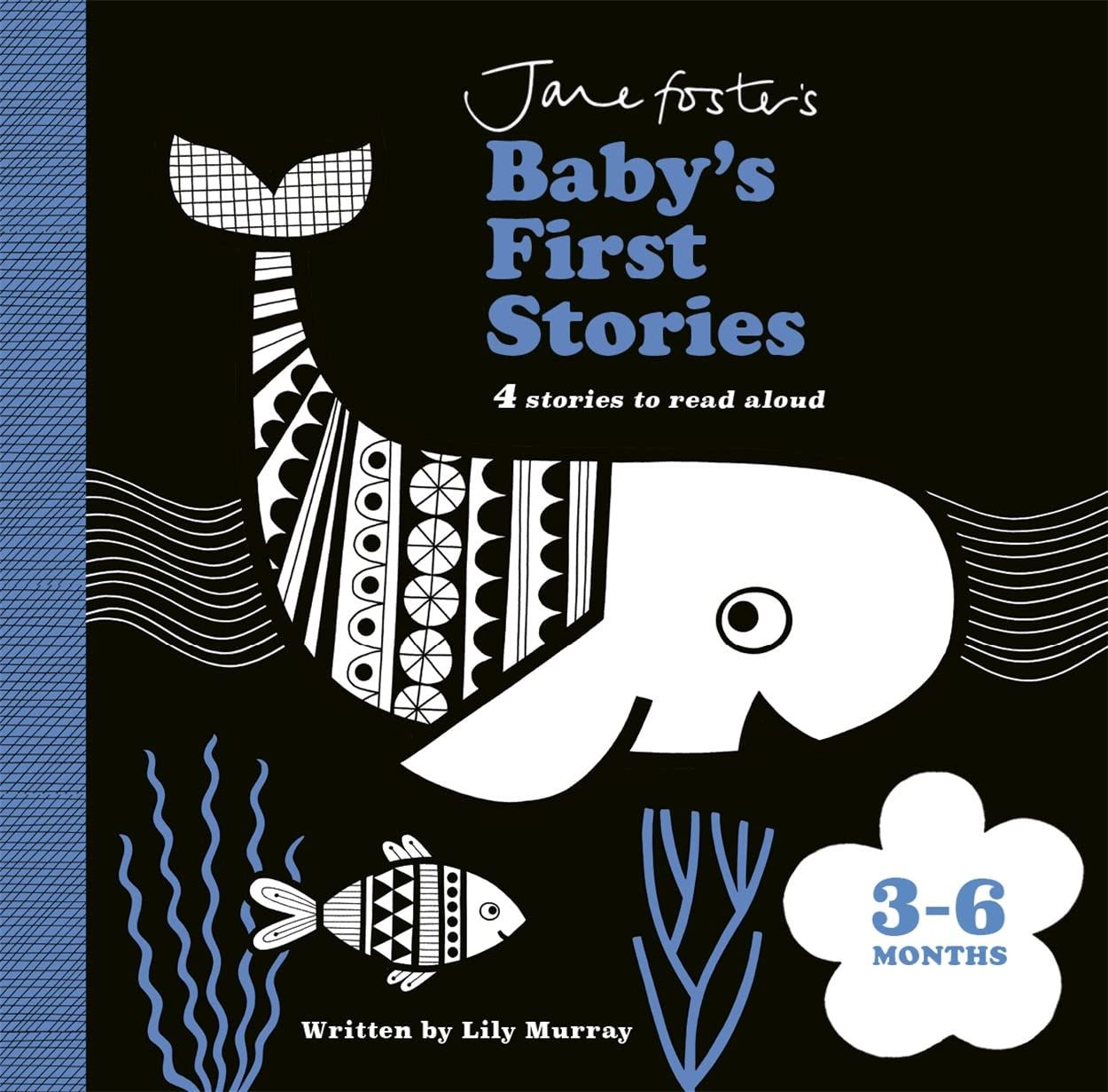 Book cover of 'Baby's First Stories' with whale illustration and text on a black background