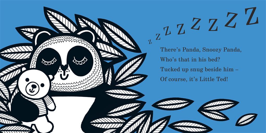 Illustration of a panda sleeping with a teddy bear, surrounded by leaves on a blue background with text.