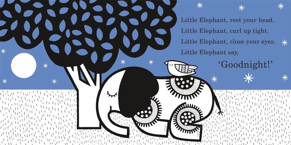 Illustration of a sleeping elephant under a tree with bedtime text.