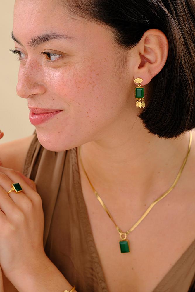 A Beautiful Story Affectionate Green Onyx Earrings Gold Plated