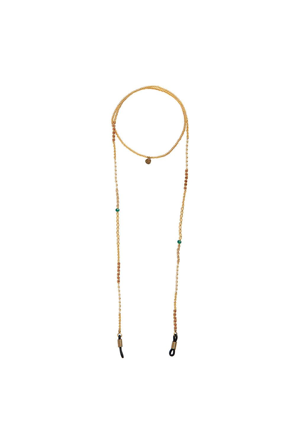 Gold beaded eyeglass chain on a white background