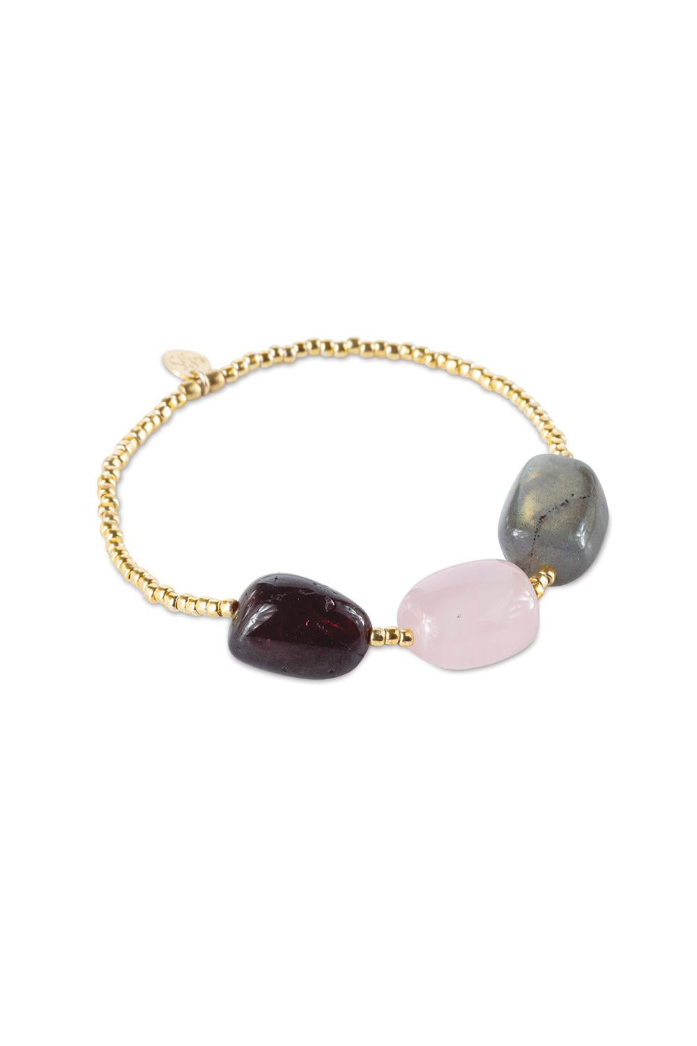 Bracelet with gold chain and multicolored beads on a white background