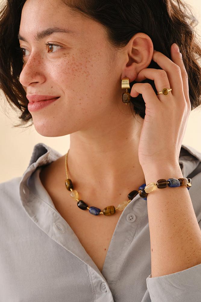 A Beautiful Story Excessive Tiger eye Lapis Lazuli Smokey Quartz Citrine Necklace Gold Coloured