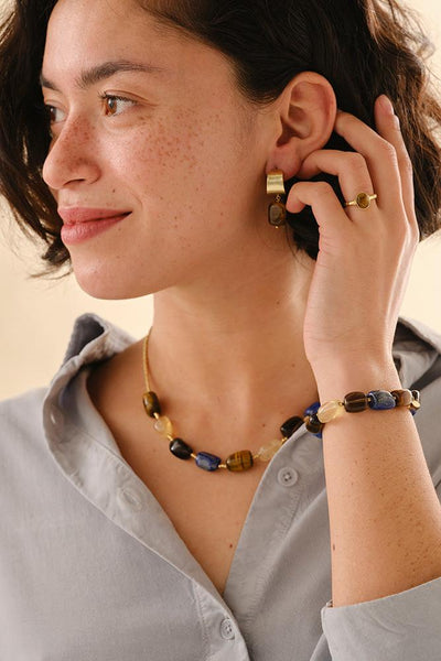 A Beautiful Story Excessive Tiger eye Lapis Lazuli Smokey Quartz Citrine Necklace Gold Coloured