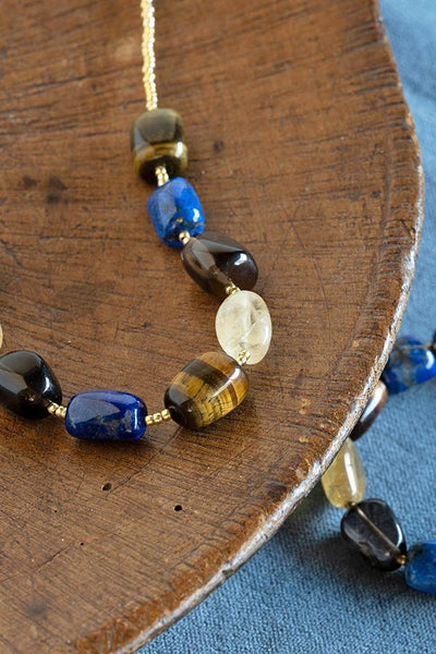 A Beautiful Story Excessive Tiger eye Lapis Lazuli Smokey Quartz Citrine Necklace Gold Coloured
