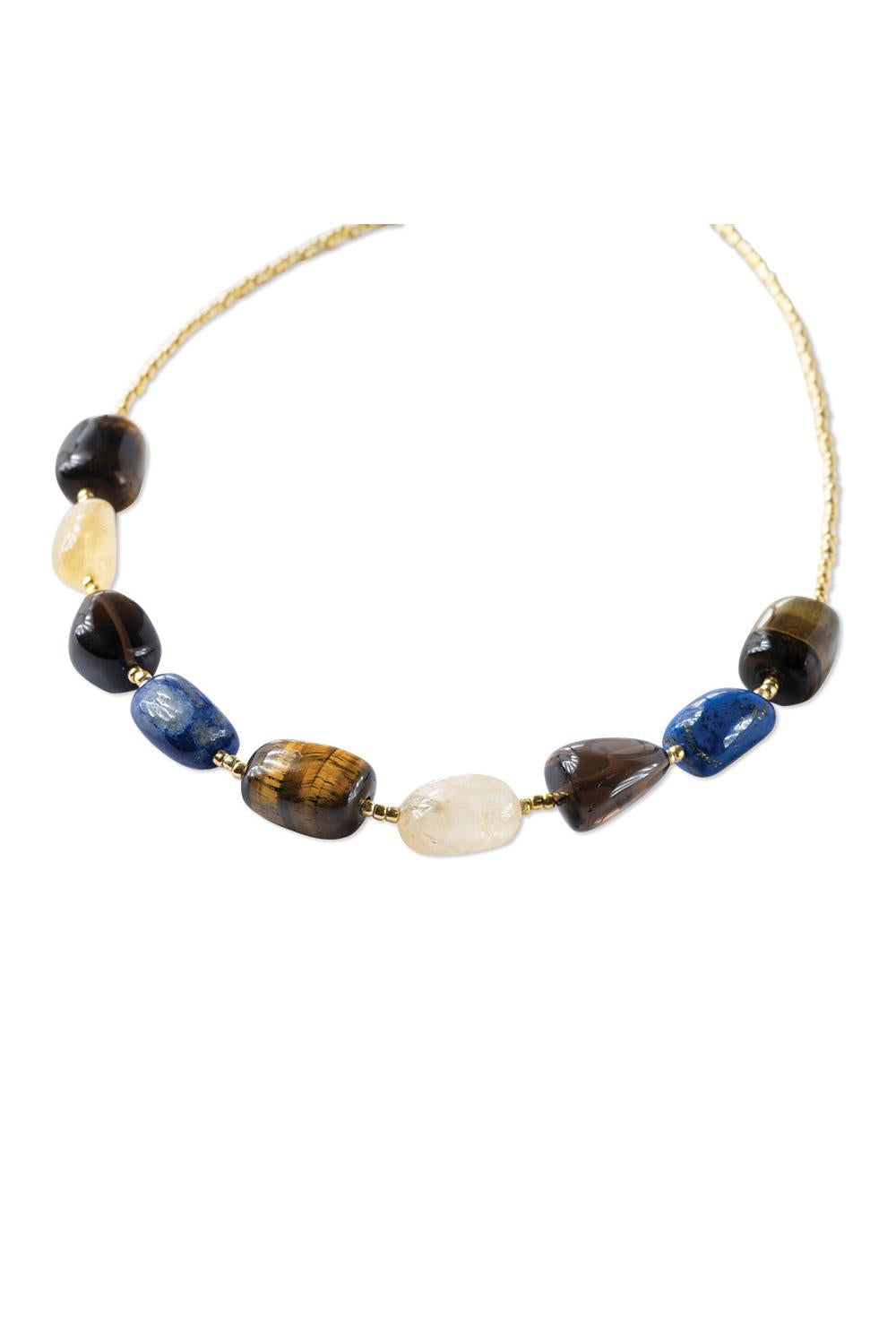 A Beautiful Story Excessive Tiger eye Lapis Lazuli Smokey Quartz Citrine Necklace Gold Coloured