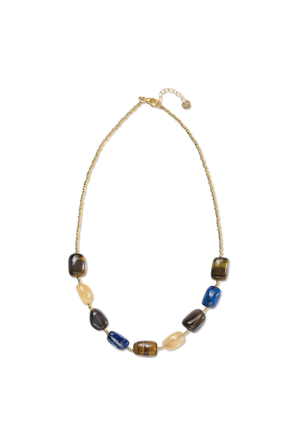 A Beautiful Story Excessive Tiger eye Lapis Lazuli Smokey Quartz Citrine Necklace Gold Coloured