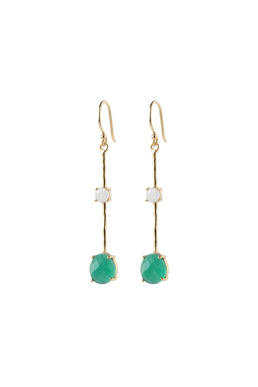 Gold earrings with green gemstones on a white background