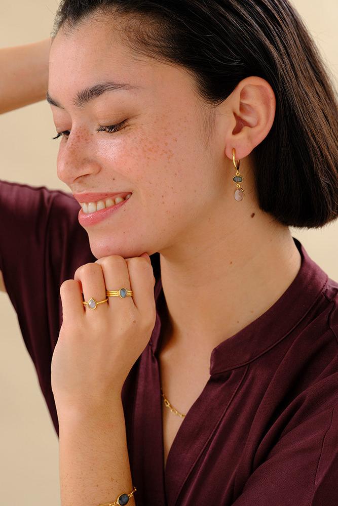 A Beautiful Story Shimmering Peach Moonstone Labradorite Earrings Gold Plated