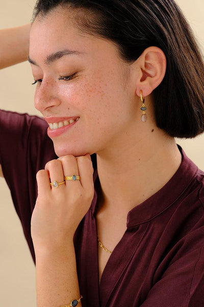 A Beautiful Story Shimmering Peach Moonstone Labradorite Earrings Gold Plated