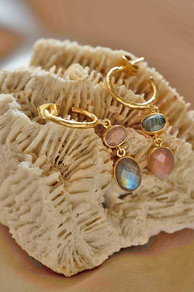 A Beautiful Story Shimmering Peach Moonstone Labradorite Earrings Gold Plated