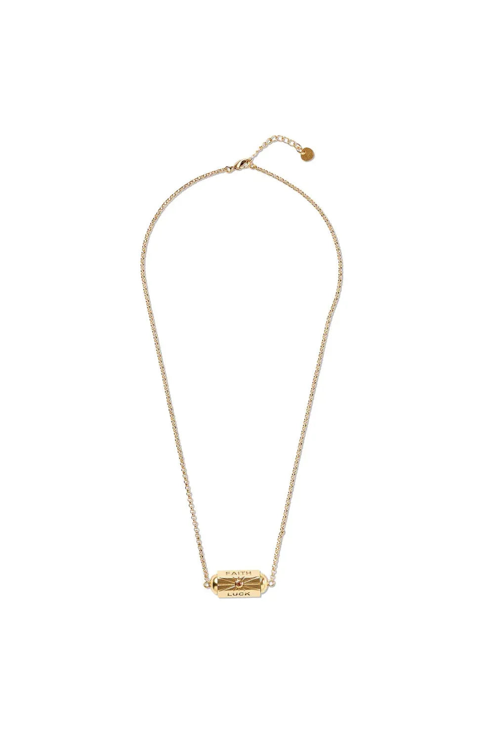 Gold necklace with a rectangular pendant on a white background