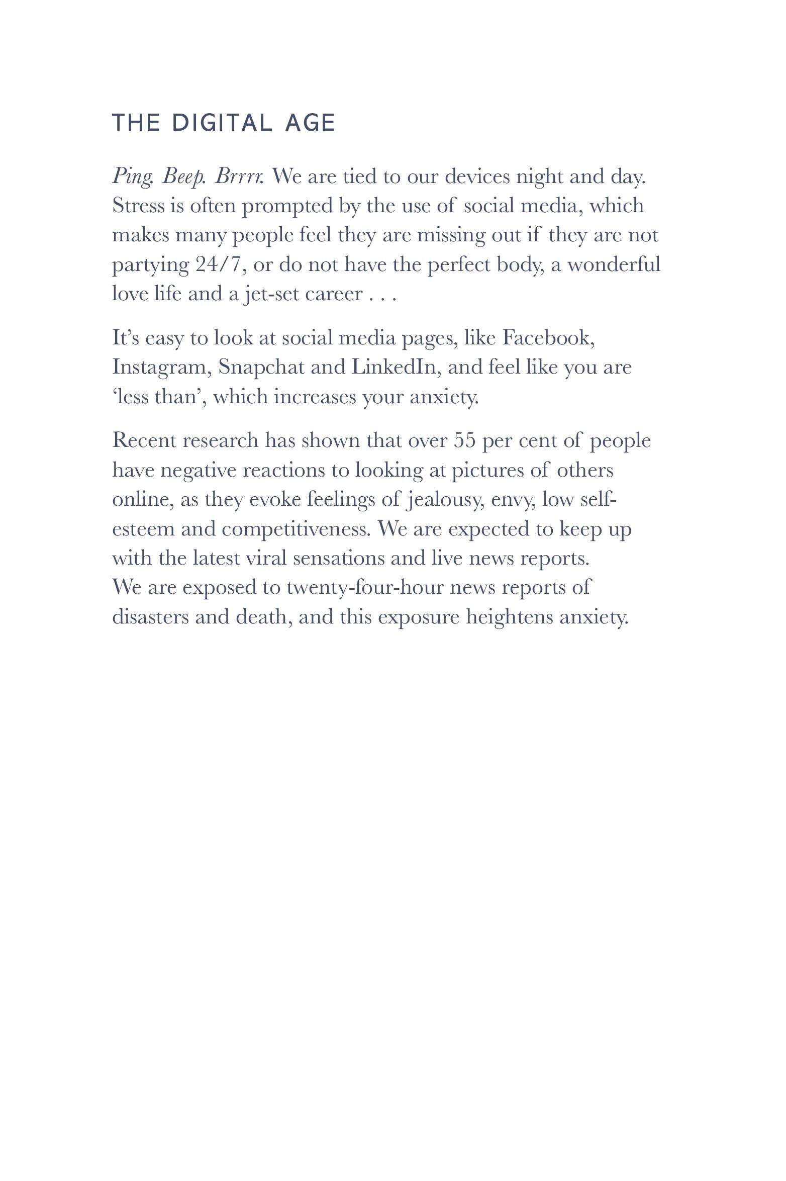 Text on a white background discussing the impact of social media on stress and anxiety in the digital age.