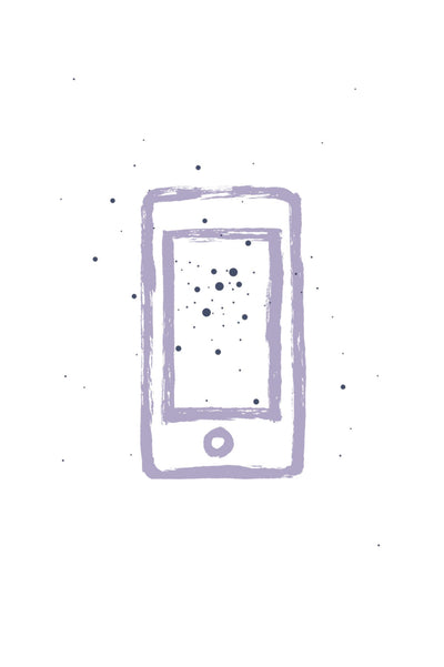 Hand-drawn illustration of a smartphone with a purple outline on a white background