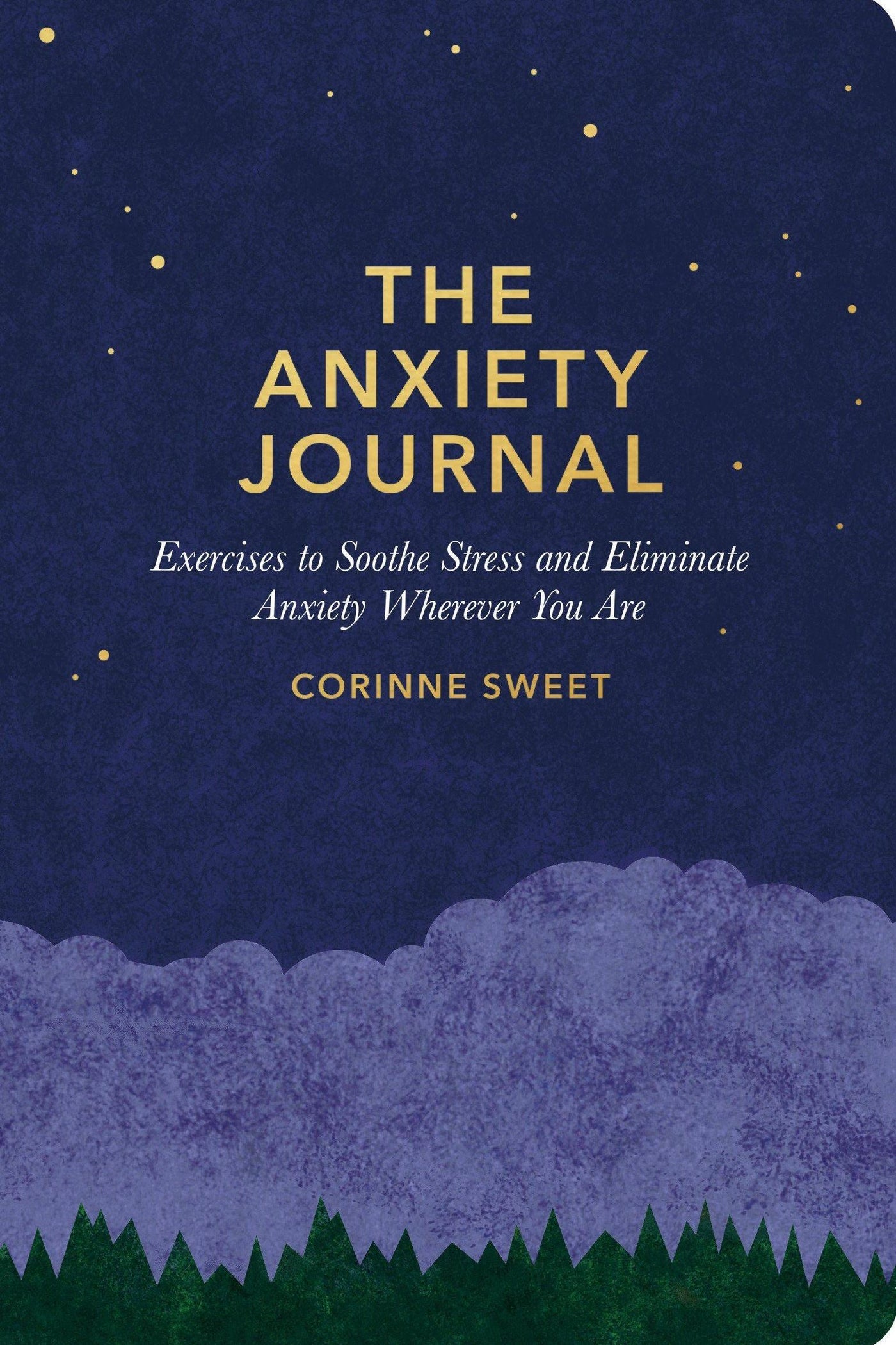 Book cover of 'The Anxiety Journal' with a night sky and cloud design.