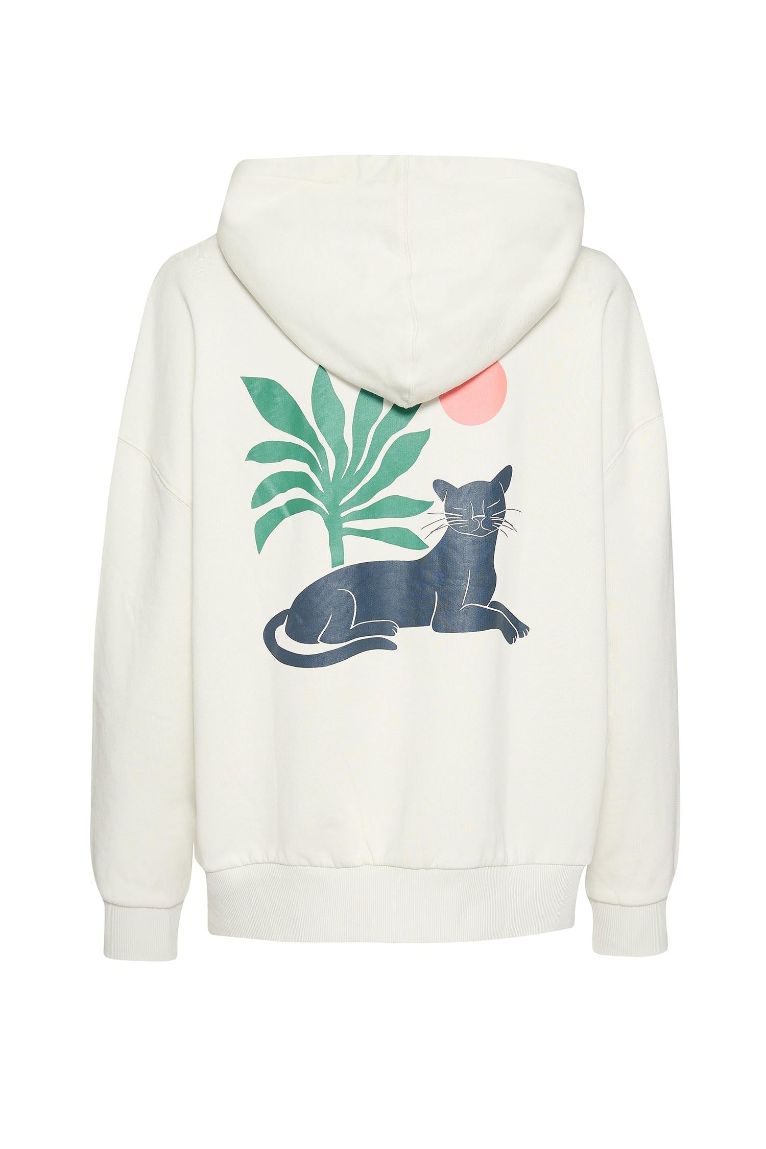 White organic cotton hoodie with a cat and palm tree design on the back against a white background