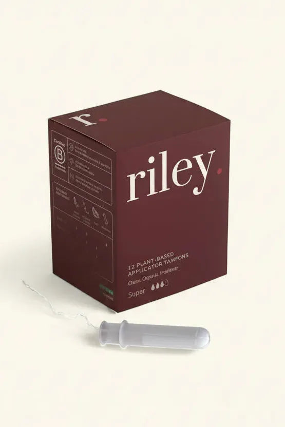Riley tampon applicator packaging with a tampon on a white background