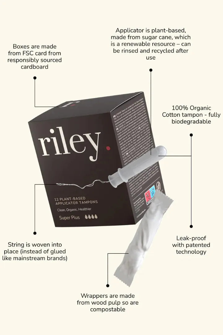 Box of Riley organic cotton tampons with features highlighted