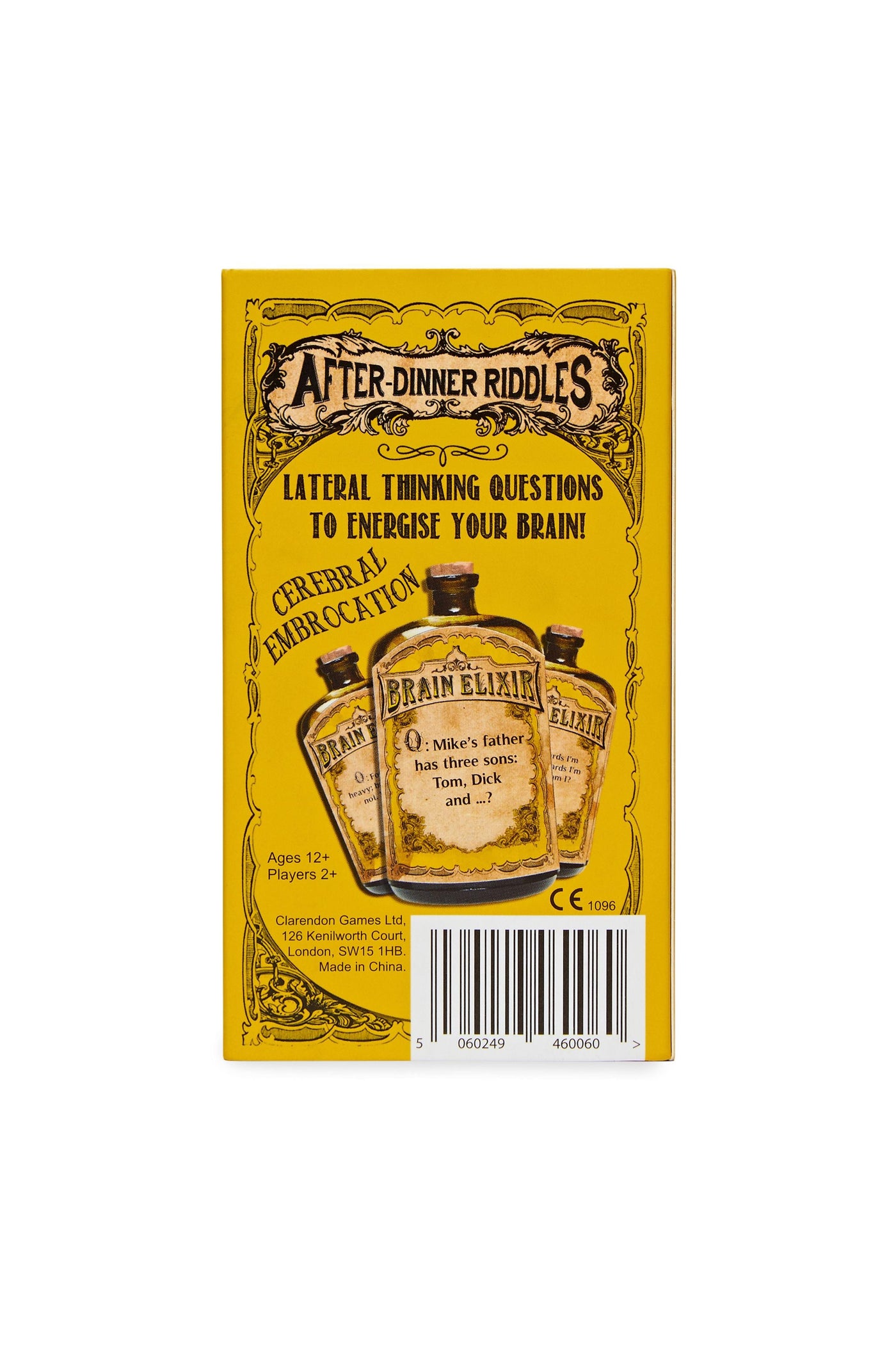 The back of a game with the words 'Lateral Thinking Questions To Energise Your Brain'